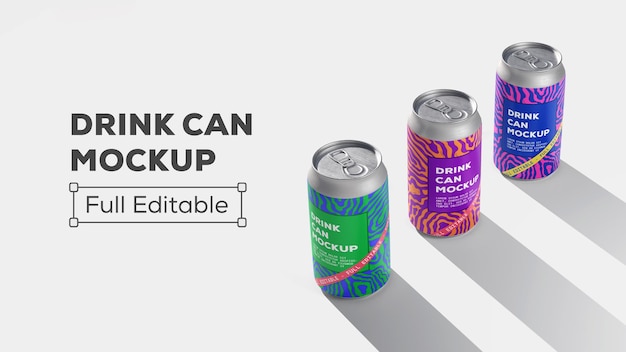 Editable Three Cans Energy drink soda can mockup template isolated on background Blank Label