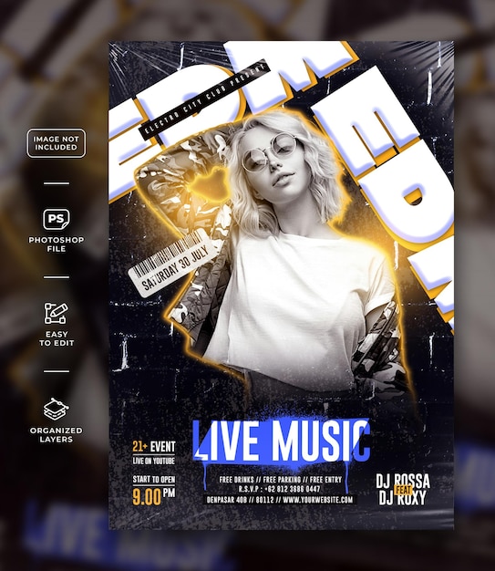 Edm live muziek feest evenement flyer a4 sjabloon