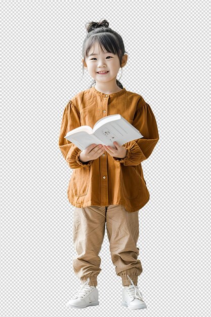 PSD education and school concept smiling little student girl with book and eyeglasses sitting on the f