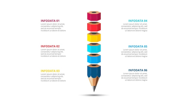 Infografica educativa matita con 6 opzioni parti passaggi o processi