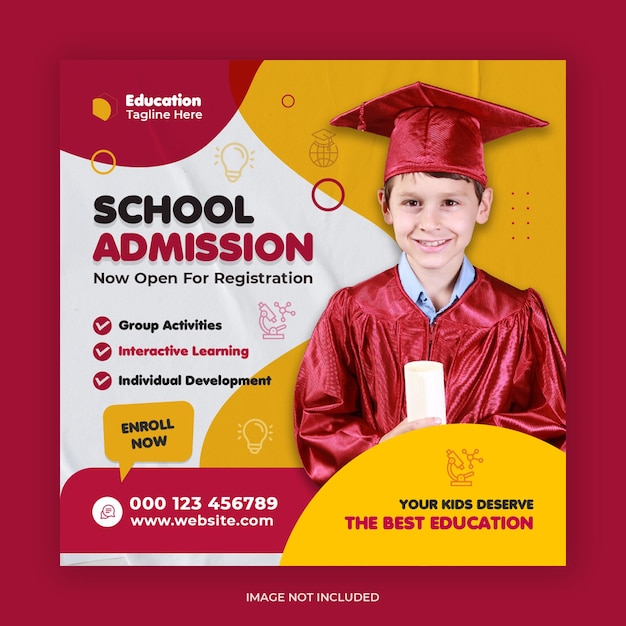 Education school admission social media post and web banner square flyer template