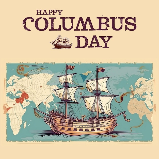 Edytowalny Psd Szczęśliwego Dnia Kolumba Z Niebieską Karawelą Unoszącą Się Na Falach Morskich