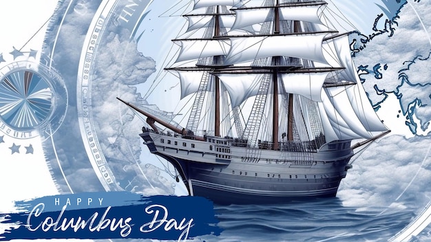 Edytowalny Psd Szczęśliwego Dnia Kolumba Z Niebieską Karawelą Unoszącą Się Na Falach Morskich