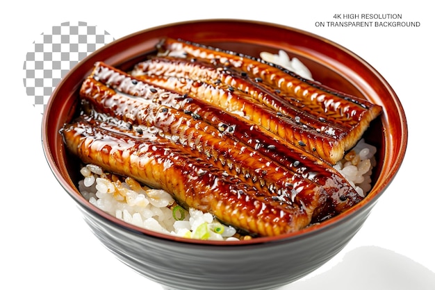 PSD eel rice bowl or unagi rice bowl japanese food style on transparent background