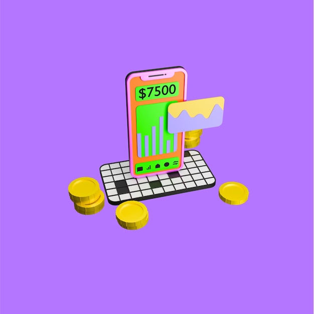 een 3D-icon bitcoin met een telefoon en kaart en met een gouden munt