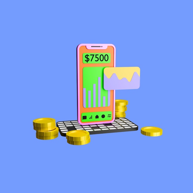een 3D-icon bitcoin met een telefoon en kaart en met een gouden munt