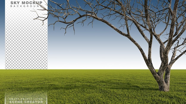 Een 3d-rendering afbeelding van een grote dode boom geplaatst grasveld