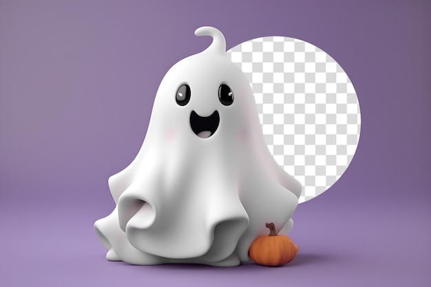 Een 3D-rendering van een schattige Halloween-geest met een pompoen op een paarse doorzichtige achtergrond png psd