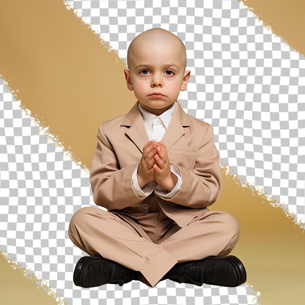 Een aarzelende kleuter met kaal haar van de slavische etnische afkomst gekleed in recruiter kleding poseert in een sitting with hands clasped stijl tegen een pastel beige achtergrond