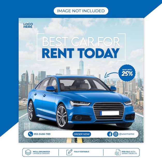 Een advertentie voor een blauwe auto voor een huur vandaag.