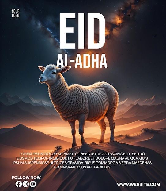 Een advertentie voor eid al adha met een schaap op de achtergrond