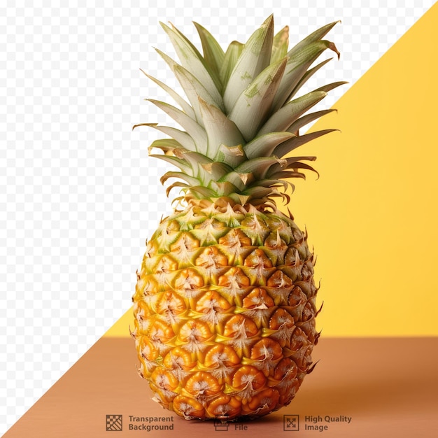 Een ananas staat op een tafel met een gele achtergrond.