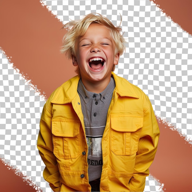 Een angry child jongen met blond haar van de scandinavische etniciteit gekleed in construction worker kleding poseert in een playful laugh stijl tegen een pastel cream achtergrond