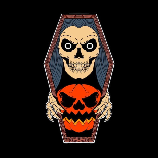 Een angstaanjagende schedel die uit een kist komt met een halloween pompoen.