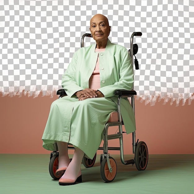 PSD een apathische senior vrouw met kaal haar van de afro-amerikaanse etniciteit gekleed in mediator kleding poseert in een volledige lengte met een prop als een stoel stijl tegen een pastel groen achtergrond