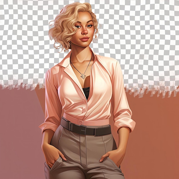 PSD een apathische vrouw van middelbare leeftijd met blond haar van de afrikaanse etniciteit gekleed in game developer kleding poseert in een standing with tilted hips stijl tegen een pastel peach achtergrond