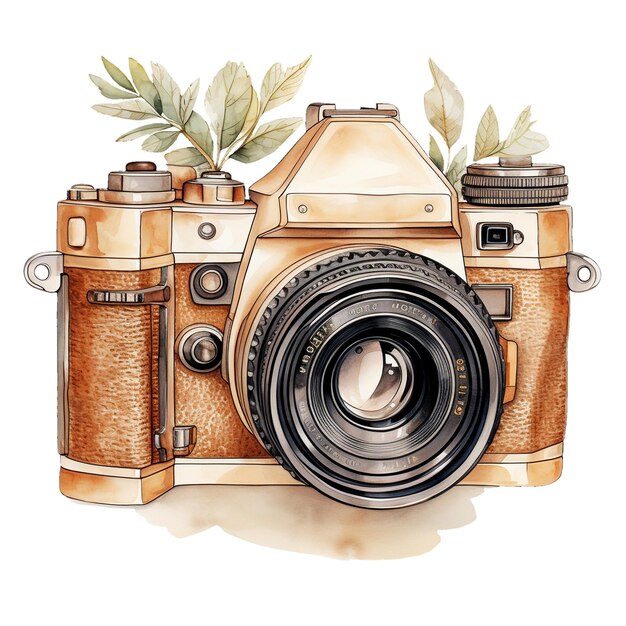 Een aquarel schilderij van een vintage filmcamera met een zwarte lederen riem