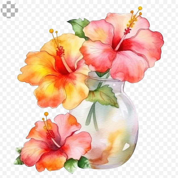 Een aquarel van een vaas met hibiscusbloemen, hd png-download