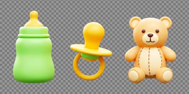 Een babybottel, een fopspeen en een teddybeer op een doorzichtig achtergrondontwerp