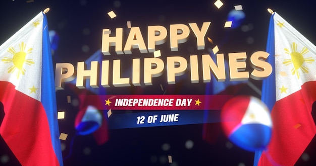 PSD een banner van de filippijnse onafhankelijkheidsdag geflankeerd door filippijnse vlaggen en enkele mooie ballonnen