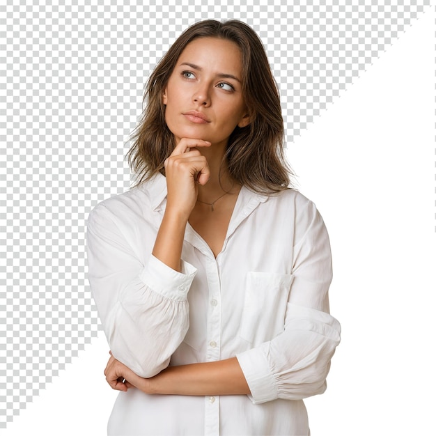 Een bedachtzame vrouw die met haar hand op de kin omhoog kijkt