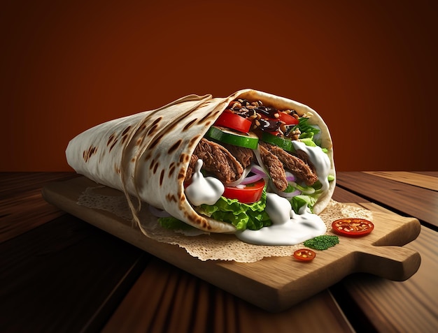 Een beef burrito met een houten snijplank met daarop een tomaat, sla, tomaat en ui.