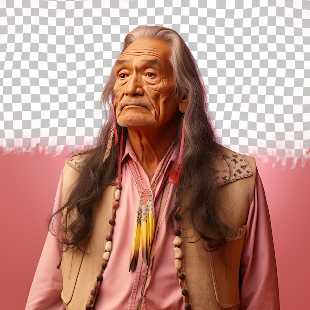 Een berouwvolle oudere man met lang haar van de oeralische etniciteit gekleed in zangliederen poseert in een casual hair tug stijl tegen een pastel zalm achtergrond