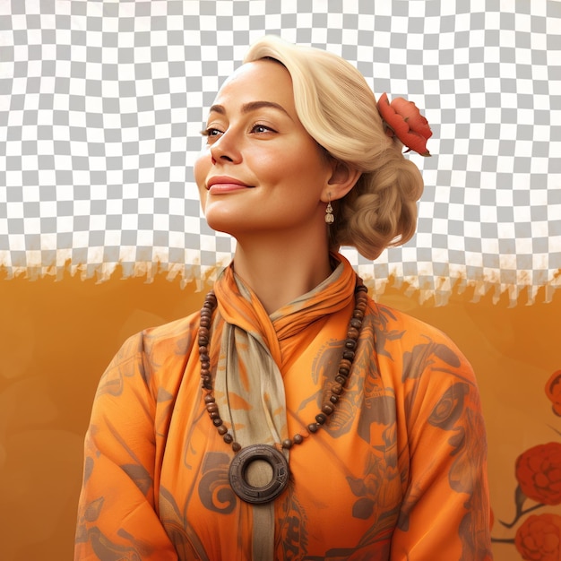 PSD een betreurenswaardige vrouw van middelbare leeftijd met blond haar van de oeralische etniciteit gekleed in het creëren van aardewerk kleding poseert in een eyes closed met een glimlach stijl tegen een pastel tangerine achtergrond