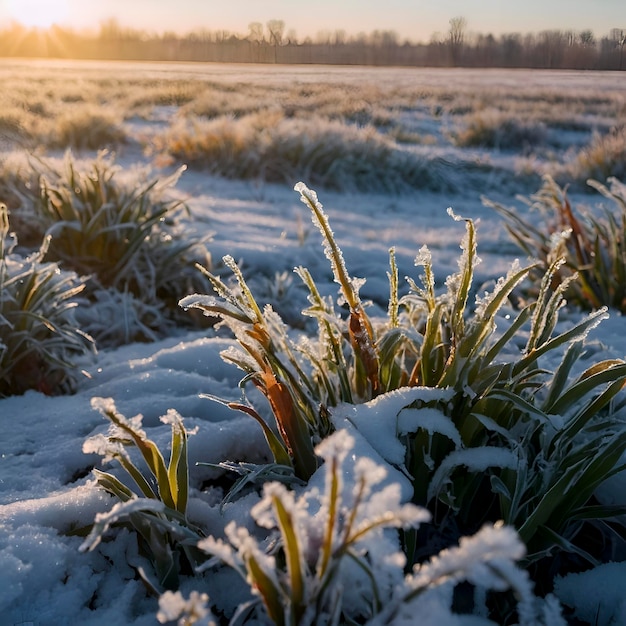 Een bevroren, met sneeuw bedekte siberische veld