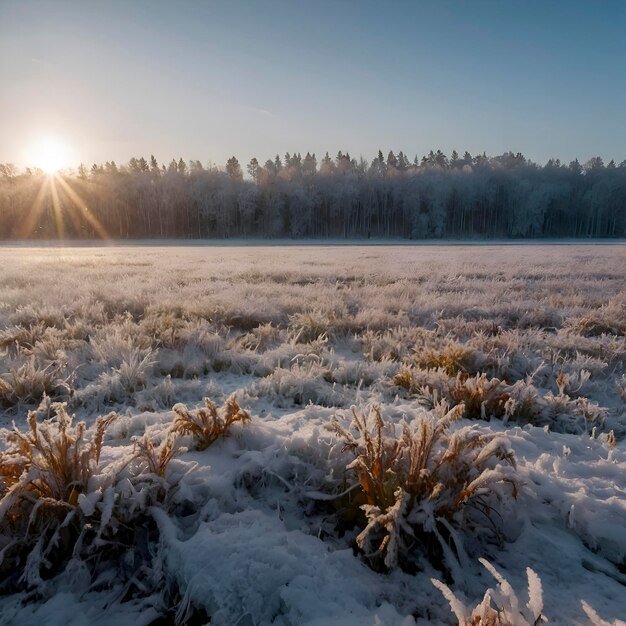 Een bevroren, met sneeuw bedekte Siberische veld