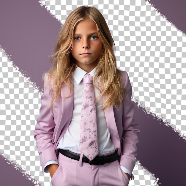 PSD een bewonderend kind met lang haar van de scandinavische etniciteit gekleed in kleding van een makelaar poseert in een standing with tilted hips-stijl tegen een pastel lilac-achtergrond