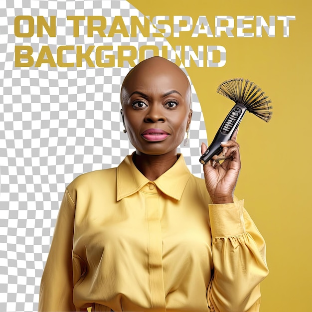 Een bezorgde vrouw van middelbare leeftijd met kaal haar van de Afrikaanse etniciteit, gekleed in datawetenschapperkleding, poseert in een handborstelstijl tegen een pastelgele achtergrond