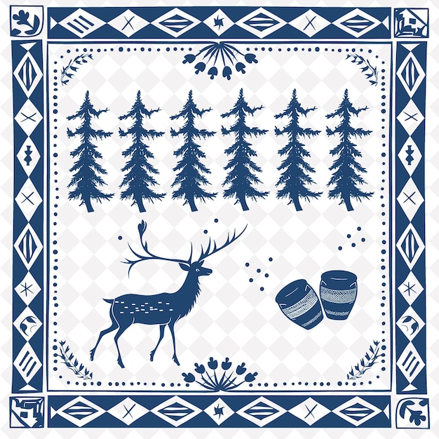PSD een blauw en wit patroon met een hert en dennenbomen