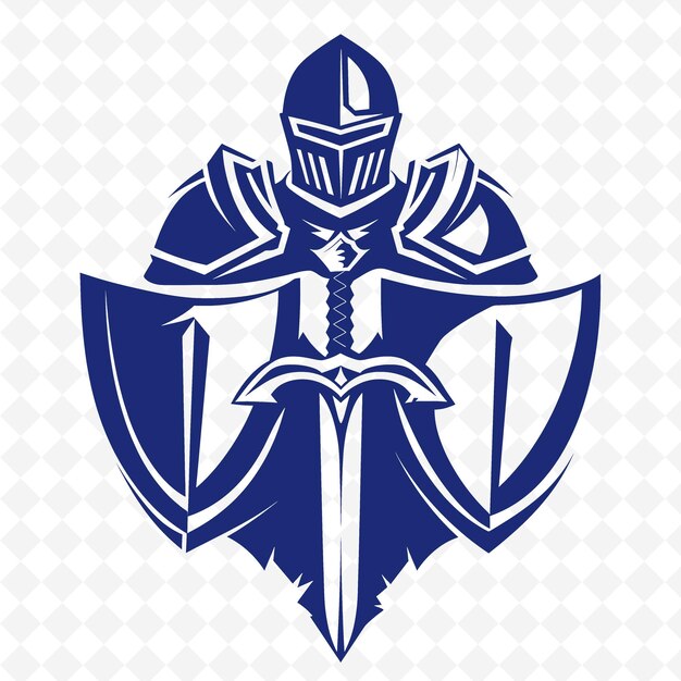 Een blauw schild met een zwaard en een schild op een witte achtergrond