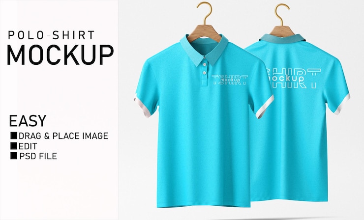PSD een blauw shirt met de tekst "t-shirts" hangt op een hanger.