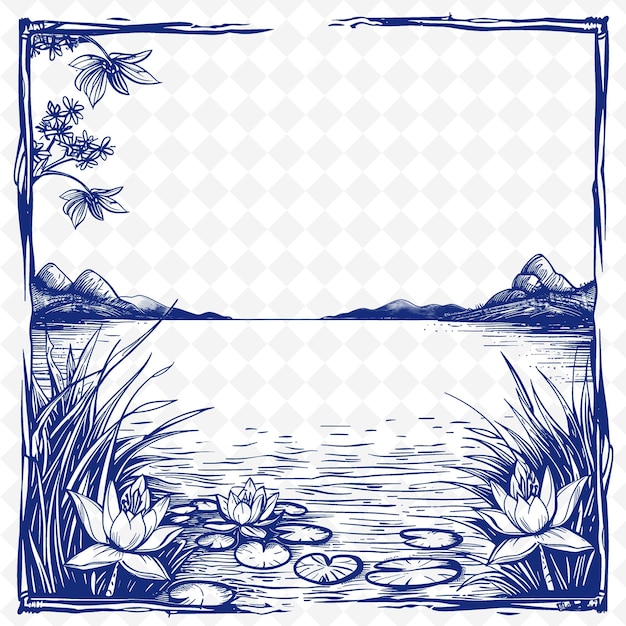 Een blauw-witte foto van een meer met bloemen en waterlelies