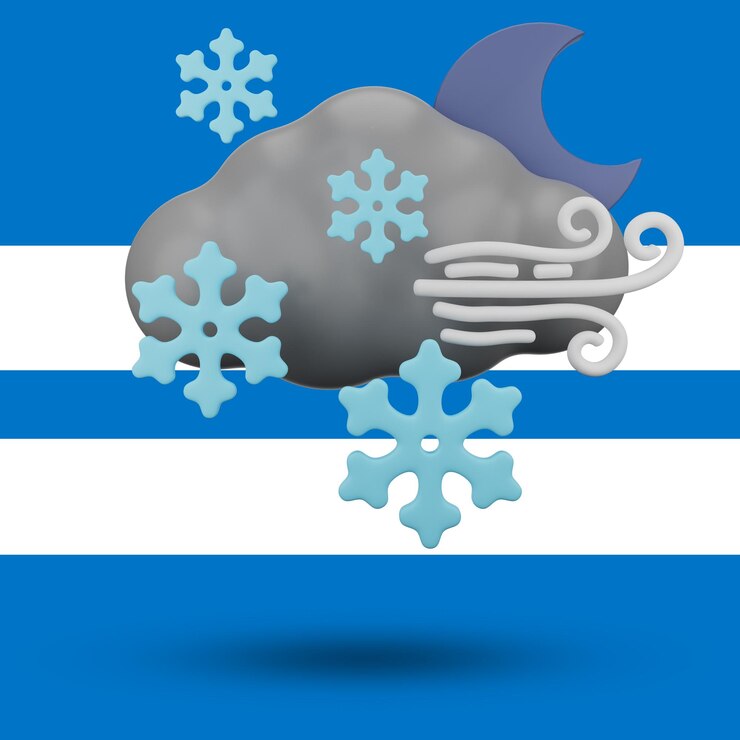 PSD een blauw-witte vlag met een wolk en sneeuwvlokken erop