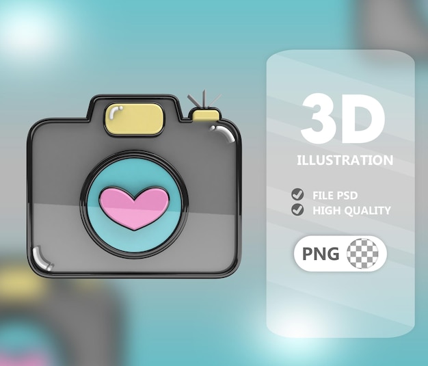 PSD een blauwe achtergrond met een hart en een camera die 3d illustratie zegt.