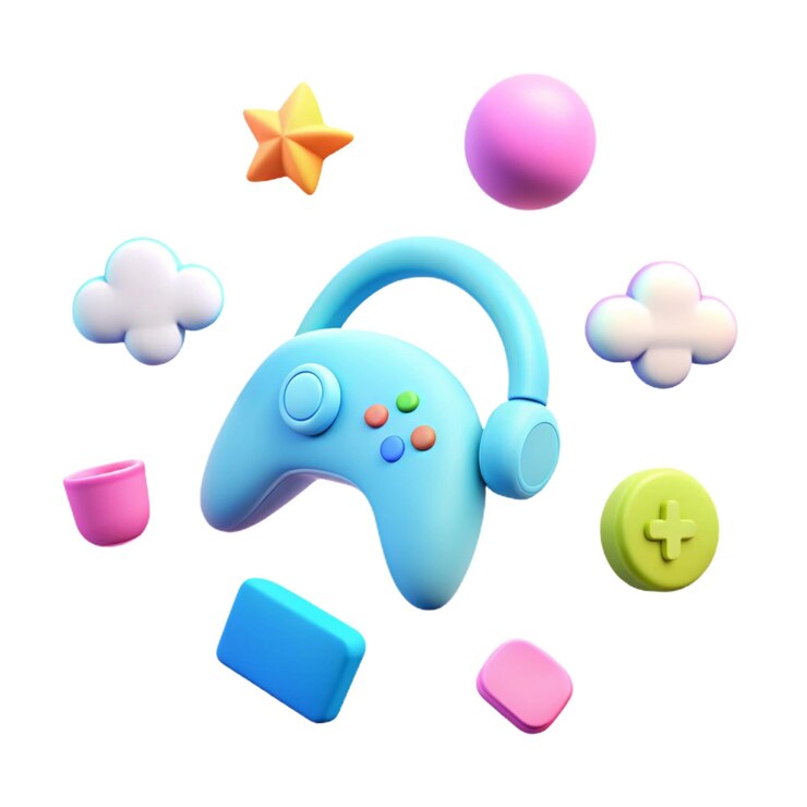PSD een blauwe controller met een blauwe knop erop en een paar speelgoed aan de onderkant