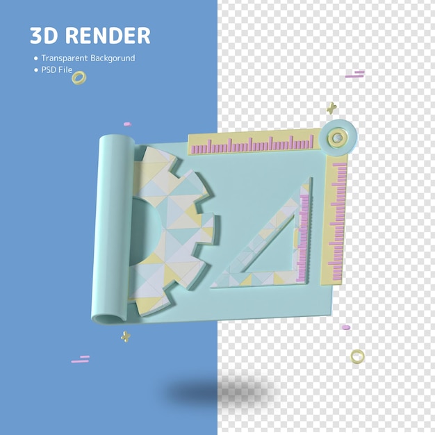 Een blauwe en witte achtergrond met een 3d-renderer en een liniaal.