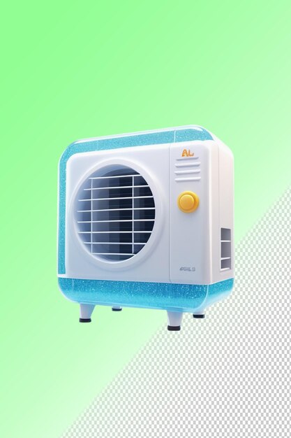 Een blauwe en witte airconditioner met een gele knop aan de voorkant