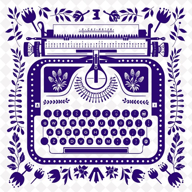 PSD een blauwe en witte tekening van een schrijfmachine met een bloempatroon