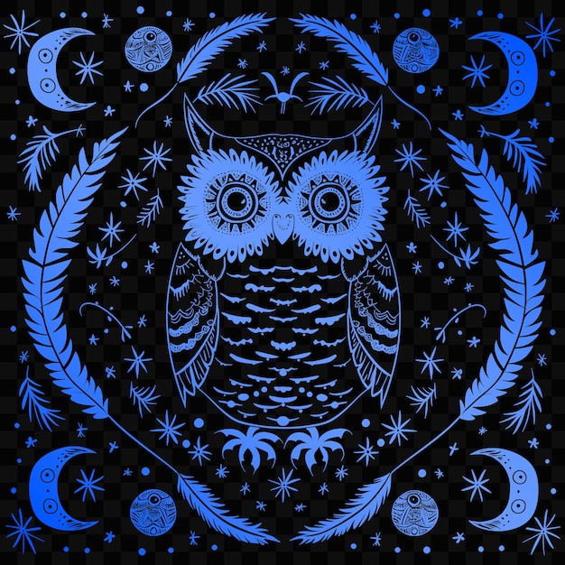 Een blauwe en zwarte tekening van een uil met de sterren op de achtergrond