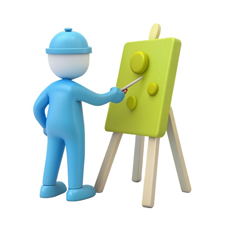 PSD een blauwe figuur met een liniaal naast een geel bord met een groene cirkel erop
