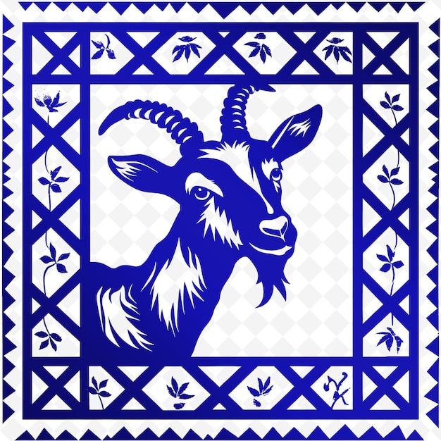 Een blauwe geit met een blauw gezicht is op een wit en blauw geometrisch patroon