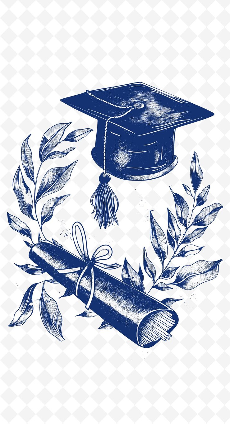 PSD een blauwe graduatie pet met een vogel erop en een tak met een lint eromheen