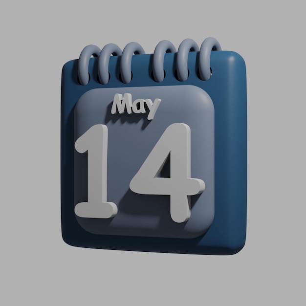 Een blauwe kalender met de datum 14 mei erop.