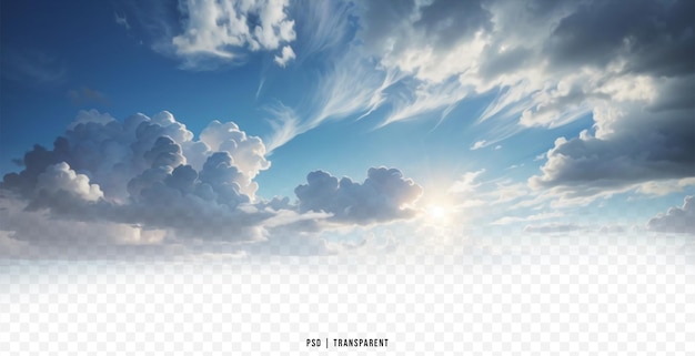 PSD een blauwe lucht met witte wolken en zon geïsoleerd op transparante achtergrond