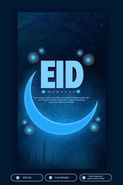 Een blauwe poster met Arabische tekst waarop Eid Mubarak staat.