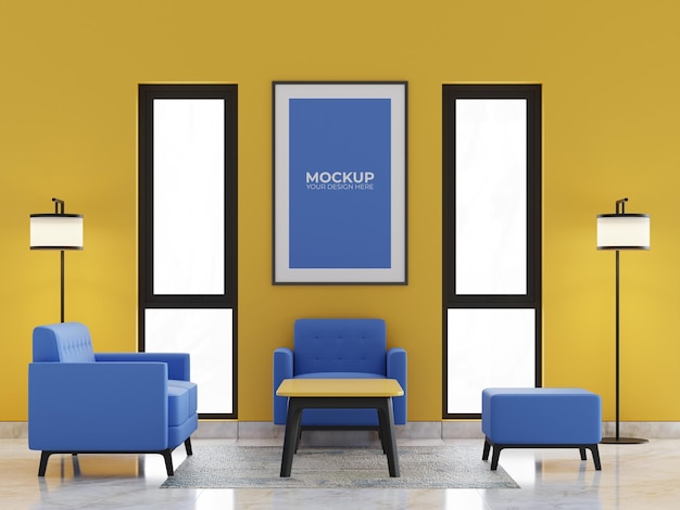 Een blauwe stoel in een kamer met een foto aan de muur waarop mockup staat.